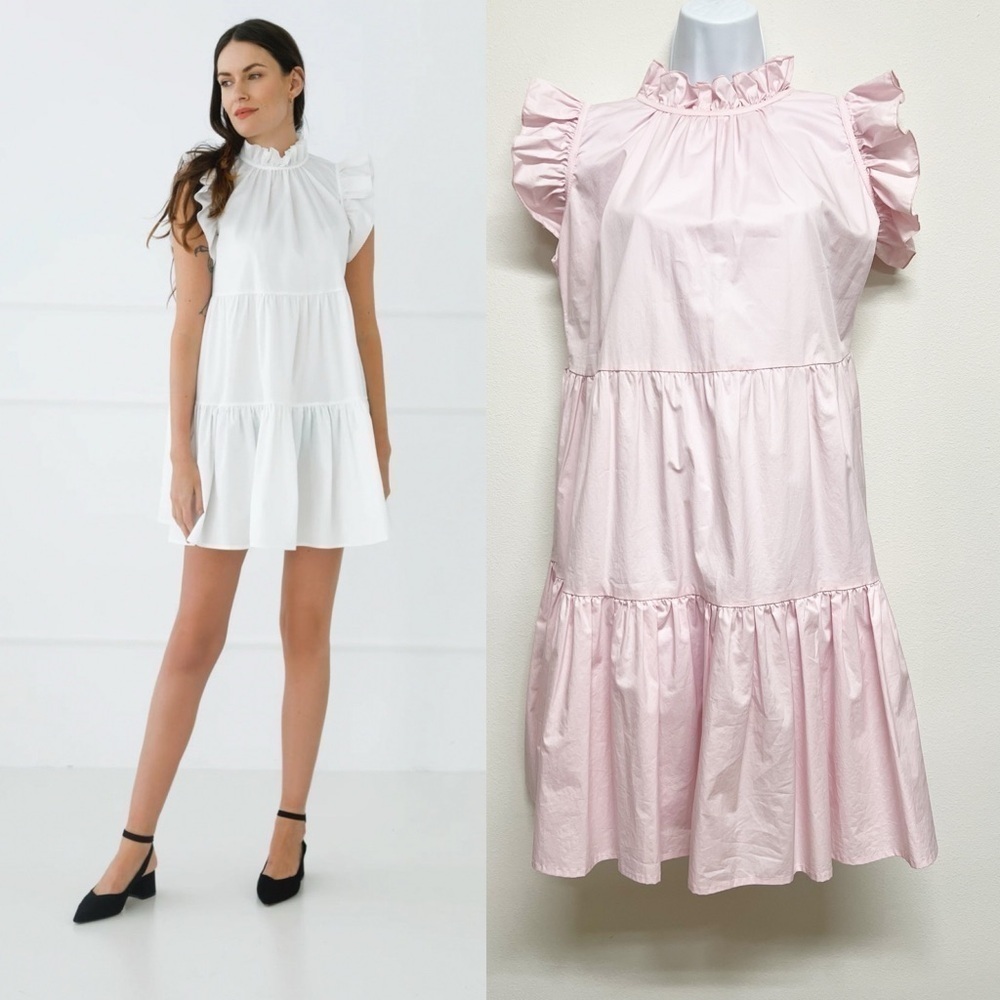 MONICA NERA Womens Pink Cotton Artelier Made to Order Tiered Mini Dress Size M - Picture 1 of 10